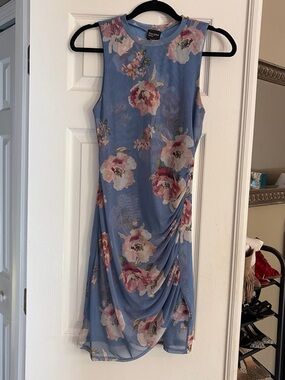 free press Blue Floral Sleeveless Midi Dress with Pink & Cream Blooms